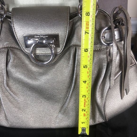 SALVATORE FERRAGAMO Gancini Metallic Silver Grey Leather Hand Bag Like New Cndtn - Picture 6 of 17